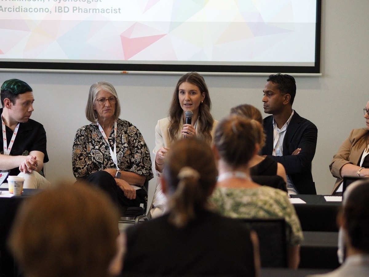 The allied health panel at IBD School 2025, with A/Prof Kariyawasam listening from the panel